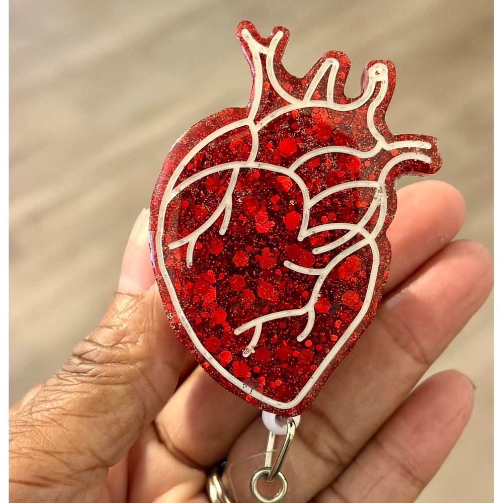 Anatomical Heart Badge Reel Red Glitter Retractable ID Holder Nurse Medical Gift